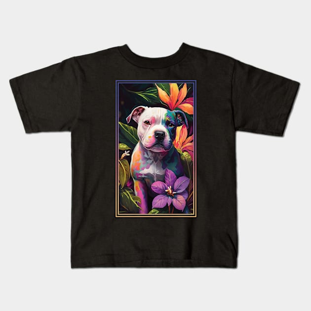 American Staffordshire Terrier Pitbull Vibrant Tropical Flower Tall Digital Oil Painting Portrait Kids T-Shirt by ArtHouseFlunky